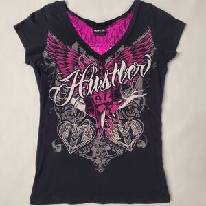 Hustler Honey M Vintage Y2K Black/Hot Pink Lace Punk Wing T-Shirt